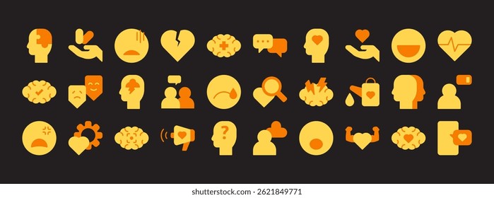 Collection of Emotional and Mental Health Icons Depicting Support, Wellness, and Healing Concepts for Use in Mental Health Awareness Campaigns