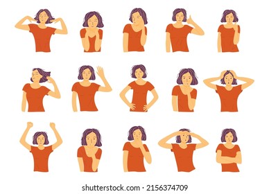 Collection of emotional young girl in different poses and different facial expressions. Colorful vector isolated illustration set hand drawn. Gloomy and surprise, laughter and playfulness