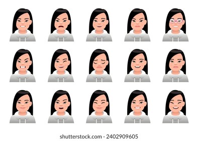 Collection of emotions of a cute white girl with the genetic disease Down Syndrome. Expression on the face of a sunny child. Vector illustration in cartoon style.