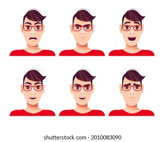 A collection of emotions and feelings of a beautiful young man with glasses. Vector illustration in cartoon style.