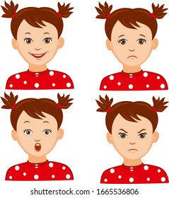 Collection of emotions girl in red (smile, surprise, anger, sadness), on a white background, vector