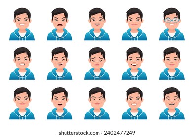 Collection of emotions of a white boy with the genetic disease Down Syndrome. Expression on the face of a sunny child. Vector illustration in cartoon style.
