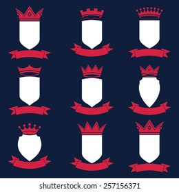 Collection of empire design elements. Heraldic royal coronet illustration. Set of luxury vector shields with king crown and undulate festive ribbon. 
