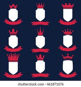 Collection of empire design elements. Heraldic royal coronet illustration. Set of luxury vector shields with king crown and undulate festive ribbon. 