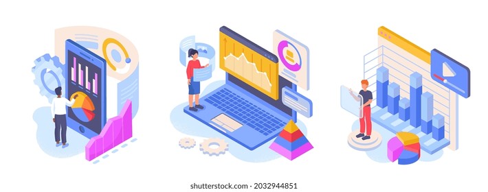 Recopilación de empleados analizando datos. Hombres y mujeres se paran al lado de grandes smartphones o laptops y estudian estadísticas. Gráficos y gráficos. Vector isométrico de dibujos animados aislado en fondo blanco