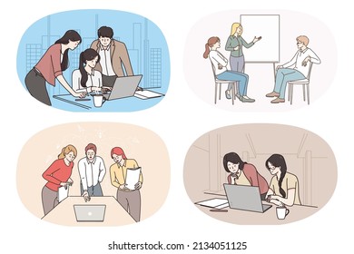 Collection of employees or colleagues involved in teambuilding activity or discussion in office. Set of diverse businesspeople work together cooperate at workplace. Teamwork. Vector illustration.