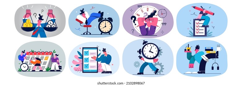 Collection of employees or workers multitask with workload, manage to meet deadline in office. Set of businesspeople overwhelmed stressed with work task. Time management. Vector illustration. 