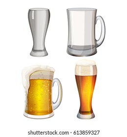 Collection of empty beer mugs and with light alcohol beverage isolated on white. Glass transparent cups with foam, set of beer vessels with handles and in long glasses vector illustration