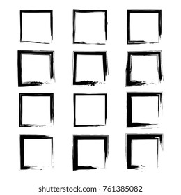 Collection empty black grunge rectangle frame isolated on white background.