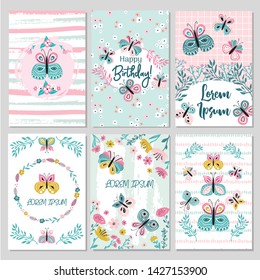 Collection of empty card templates for party invitation,wedding stationery, flyer design with hand drawn flowers, textures and butterflies