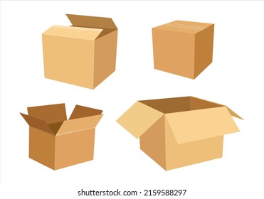 Collection of empty cardboard boxes. Cartoon, flat vector illustration isolated on white background. Shipping boxes collection. Parcel icon