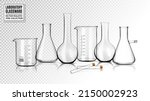 Collection of empty chemical glassware in laboratory isolated on transparent background. Realistic vector, 3d illustration