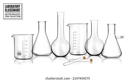 Collection of empty chemical glassware in laboratory isolated on white background. Realistic vector, 3d illustration