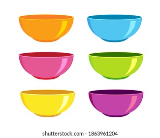 Collection of empty colorful bowls on white background. Clean dishware for breakfast or dinner. Vector illustration