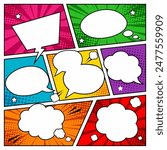 Collection of empty comic speech bubbles with halftone shadows. Hand drawn retro cartoon stickers. Pop art style. Pop art retro cartoon stickers ,Vector illustration.