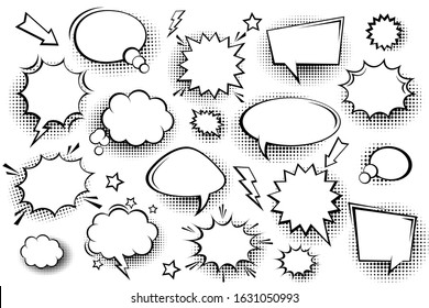 Collection of empty comic speech bubbles with halftone shadows. Hand drawn retro cartoon stickers. Pop art style. Vector illustration.