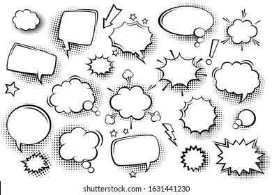 Collection of empty comic speech bubbles with halftone shadows. Hand drawn retro cartoon stickers. Pop art style. Vector illustration.