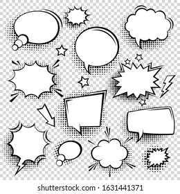 Collection of empty comic speech bubbles with halftone shadows. Hand drawn retro cartoon stickers. Pop art style. Vector illustration.