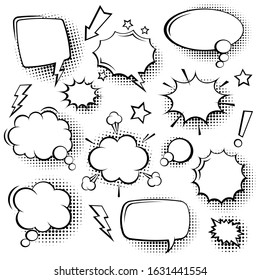 Collection of empty comic speech bubbles with halftone shadows. Hand drawn retro cartoon stickers. Pop art style. Vector illustration.