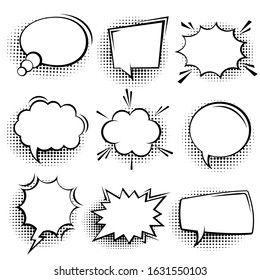 Collection of empty comic speech bubbles with halftone shadows. Hand drawn retro cartoon stickers. Pop art style. Vector illustration.