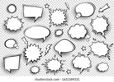 Collection of empty comic speech bubbles with halftone shadows. Hand drawn retro cartoon stickers. Pop art style. Vector illustration.