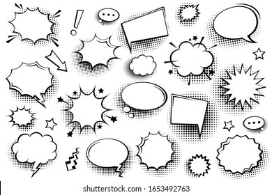 Collection of empty comic speech bubbles with halftone shadows. Hand drawn retro cartoon stickers. Pop art style. Vector illustration.