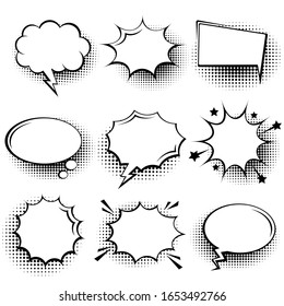 Collection of empty comic speech bubbles with halftone shadows. Hand drawn retro cartoon stickers. Pop art style. Vector illustration.