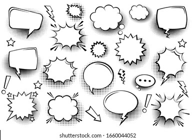 Collection of empty comic speech bubbles with halftone shadows. Hand drawn retro cartoon stickers. Pop art style. Vector illustration.