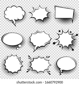 Collection of empty comic speech bubbles with halftone shadows. Hand drawn retro cartoon stickers. Pop art style. Vector illustration.