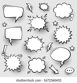 Collection of empty comic speech bubbles with halftone shadows. Hand drawn retro cartoon stickers. Pop art style. Vector illustration.