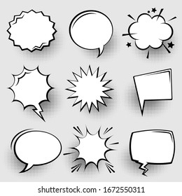 Collection of empty comic speech bubbles with halftone shadows. Hand drawn retro cartoon stickers. Pop art style. Vector illustration.