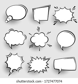 Collection of empty comic speech bubbles with halftone shadows. Hand drawn retro cartoon stickers. Pop art style. Vector illustration.