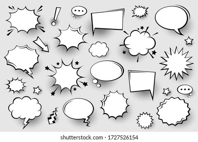 Collection of empty comic speech bubbles with halftone shadows. Hand drawn retro cartoon stickers. Pop art style. Vector illustration.