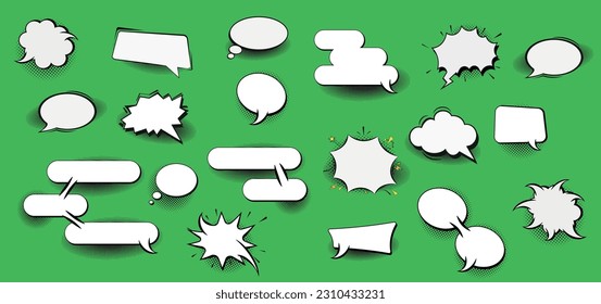 Collection of empty comic speech bubbles with halftone shadows. Hand drawn retro cartoon stickers. Pop art style.
