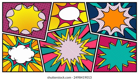 Collection of empty comic speech bubbles with halftone shadows. Hand drawn retro cartoon stickers. Pop art style. Pop art retro cartoon stickers ,Vector illustration.