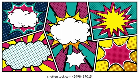 Collection of empty comic speech bubbles with halftone shadows. Hand drawn retro cartoon stickers. Pop art style. Pop art retro cartoon stickers ,Vector illustration.