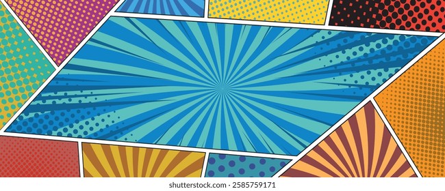 Collection of empty comic speech bubbles with halftone shadows. Blank white speech bubbles of different shapes. Rays, radial, halftone, dotted effects