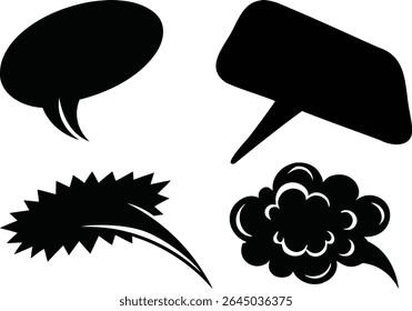 Collection of empty comic speech bubbles with halftone shadows on transparent background.