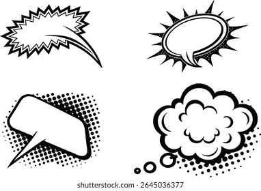Collection of empty comic speech bubbles with halftone shadows on transparent background.