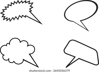 Collection of empty comic speech bubbles with halftone shadows on transparent background.