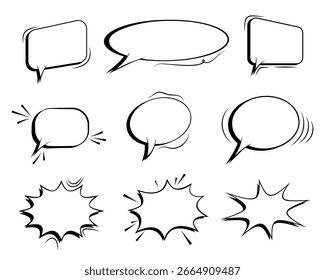 Collection of empty comic speech bubbles with halftone shadows. Hand drawn retro cartoon stickers. Pop art style. Vector illustration.