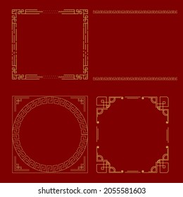 Collection Of Empty Golden Chinese Frame On Red Background.