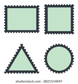 A collection of empty green stamp templates in various geometric shapes. Includes rectangular, square, triangular, and circular designs with serrated edges. Perfect for philatelic designs.