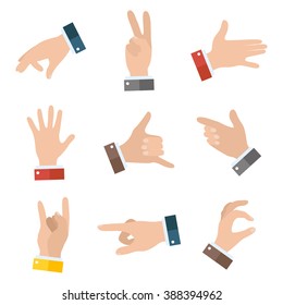 Collection empty hands showing different gestures. 9 icons set isolated on white background. Vector hand illustration EPS 10