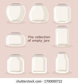 The collection of empty jars bottles in many type with flat vector style. illustation about jars for graphic, content,etc.