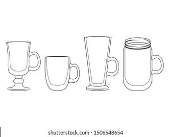 Collection of empty mulled wine glasses.  Object for packaging, advertisements, menu. Isolated on white. Vector illustration. Black and white.