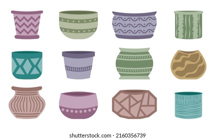 Collection of empty multicolored vector ceramic pots for home plants in flat style