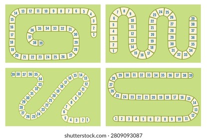 Collection of empty numbered paths for board games. Colorful vector templates for educational games, worksheets and printable children's activities.