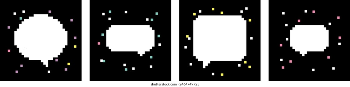 Colección de burbujas vacías de discurso de pixel art. Cuadro de diálogo Chat o varios píxeles. Ilustración vectorial de estilo retro de 8 bits. Fondo negro pixelado