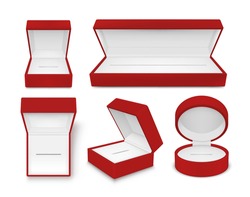 Collection Of Empty Plush Gift Box Jewelry Vector Illustration In Realistic Style. Set Of Red Small Package Various Shapes For Jewellery Present Isolated. Open Velvet Case For Treasure Luxury Storage